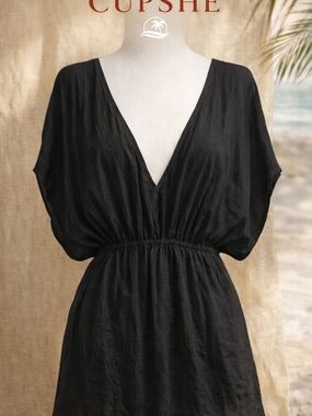 NWT Large CUPSHE Black Sheer Swimsuit Cover Up V Neck Dress Cinched Waist Beach